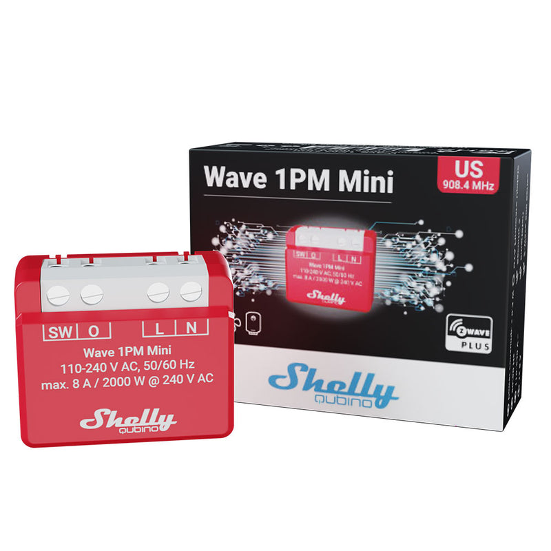 A red Shelly Wave 1PM Mini smart device by Shelly USA is pictured next to its black box, which displays product details, branding, US 908.4 MHz frequency, and Z-Wave Plus compatibility.