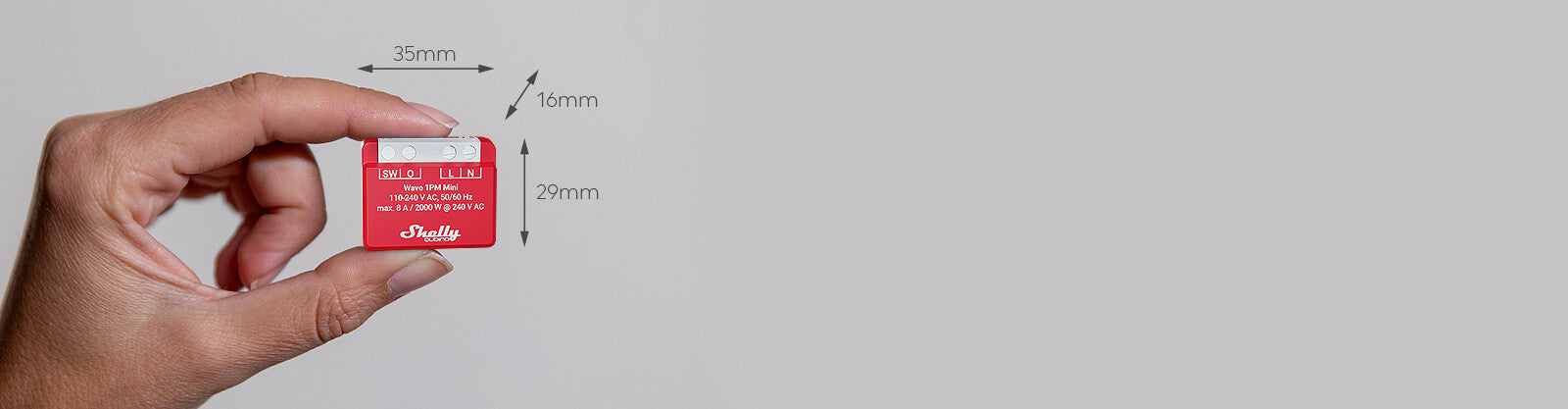 A hand holds a small red Shelly Plus 1 device, with labeled dimensions: 36mm wide, 16mm thick, and 29mm tall. The background is plain gray.