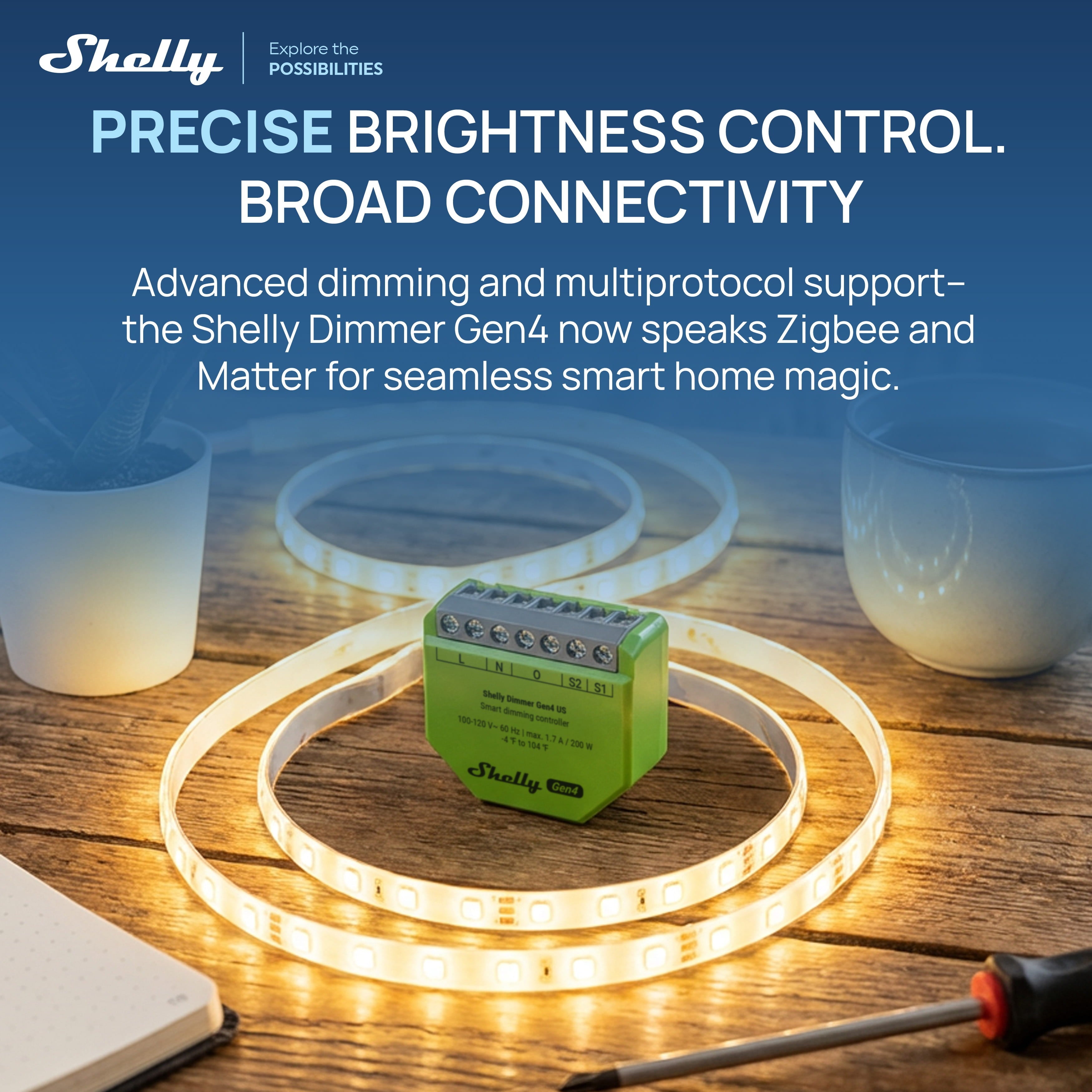 An LED light strip glows on wood next to a green Shelly USA Dimmer Gen4 US UL-Certified. Text above showcases retrofit smart lighting for precise brightness control and advanced smart home connectivity.
