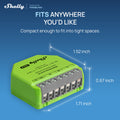 The Shelly USA Shelly Dimmer Gen4 US UL-Certified, a compact green Matter-certified smart dimmer (1.52 x 1.71 x 0.67 in) with labeled wire terminals, is pictured on a blue background promoting its retrofit smart lighting versatility.