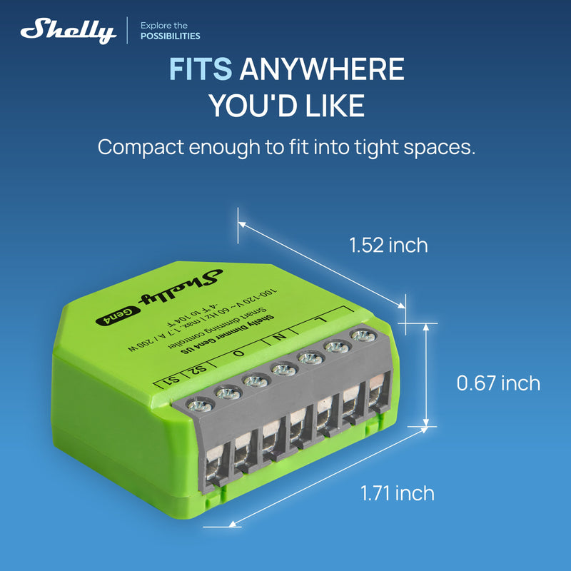 The Shelly USA Shelly Dimmer Gen4 US UL-Certified, a compact green Matter-certified smart dimmer (1.52 x 1.71 x 0.67 in) with labeled wire terminals, is pictured on a blue background promoting its retrofit smart lighting versatility.