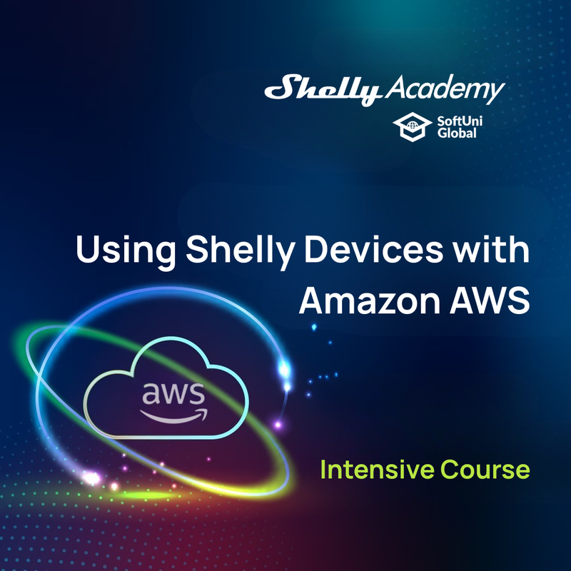 A promotional graphic for Shelly Europe’s "Using Shelly Devices with Amazon AWS" course, featuring a cloud icon with the AWS logo, swirling lines, and highlighting cloud automation on a dark background.