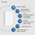 The white Shelly Flood Gen4 smart leak detector is pictured beside icons and text showing features: Matter-enabled, rain sensor, detects floods and leaks, IP44 protected, 2-year battery life, app alerts, and built-in buzzer.