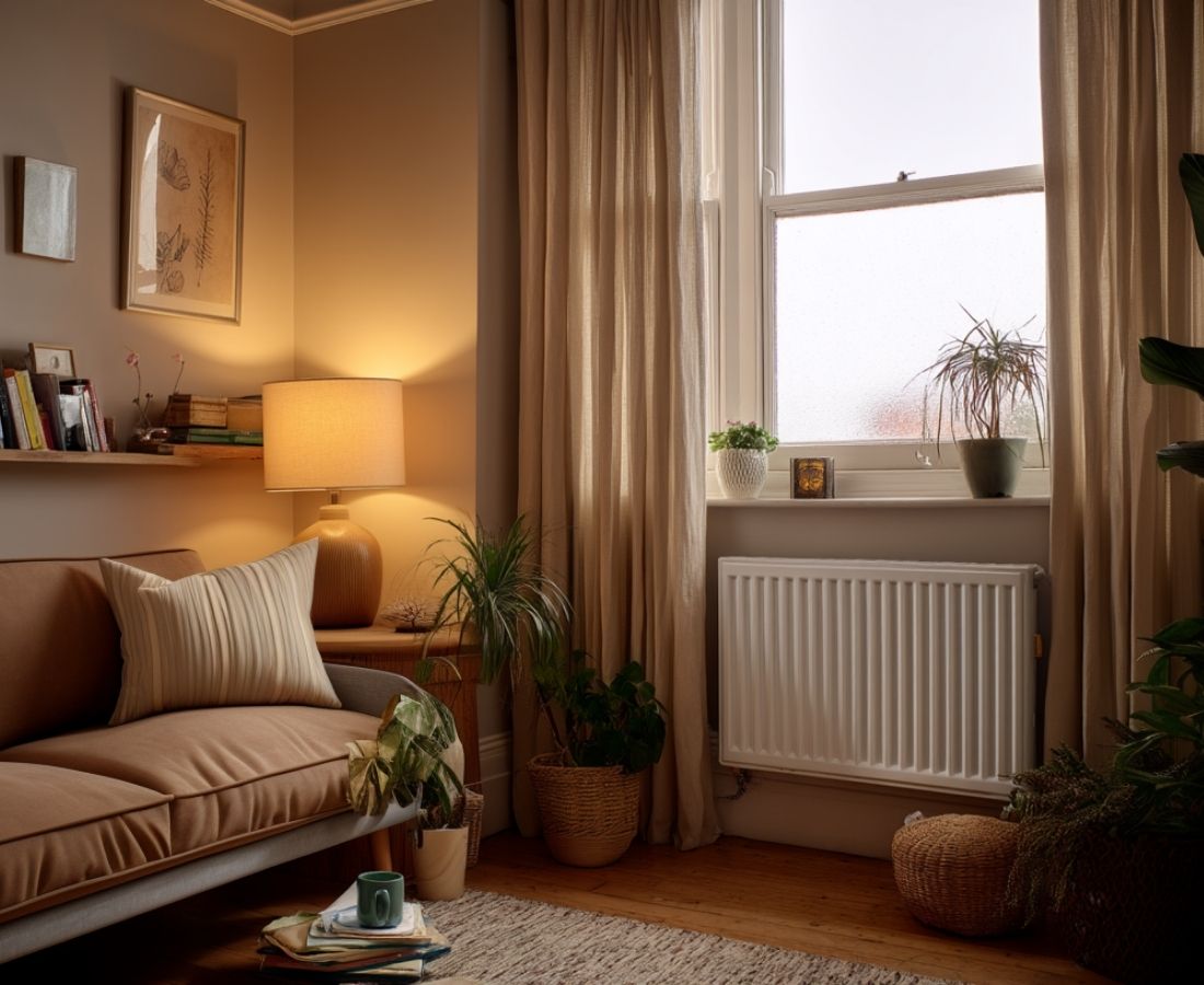A cozy living room with a beige sofa, cushions, a lit table lamp, potted plants, books, and soft curtains framing a window. Warm lighting and neutral tones create a relaxing atmosphere.