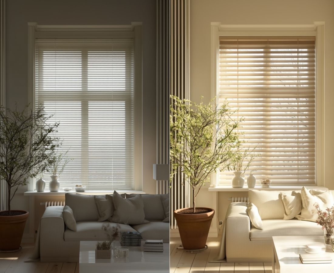 A split image of a living room shows two lighting effects: the left side has cool, dim light, while the right side is bright and warm. Both sides feature a white sofa, potted plant, and window blinds.