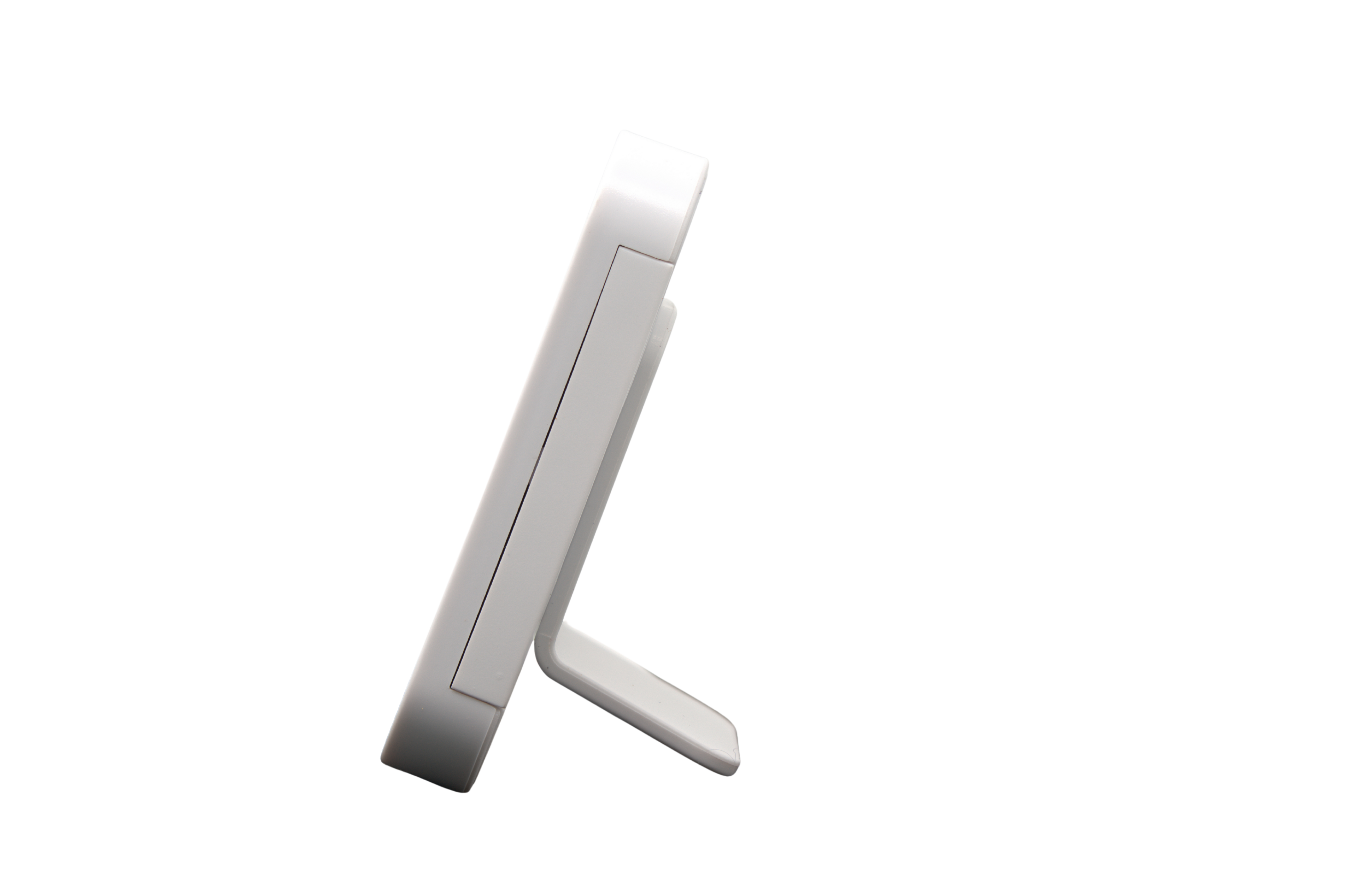 Side view of the Shelly USA Shelly BLU H&T Display ZB White, a modern, slim electronic device with a built-in angled stand and minimalistic, sleek design, set against a plain white background.