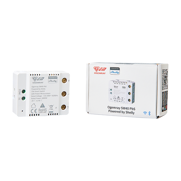 A white Ogemray SW40 Pbs smart switch device is shown next to its packaging box, which displays product information and branding. Both items are against a plain white background.