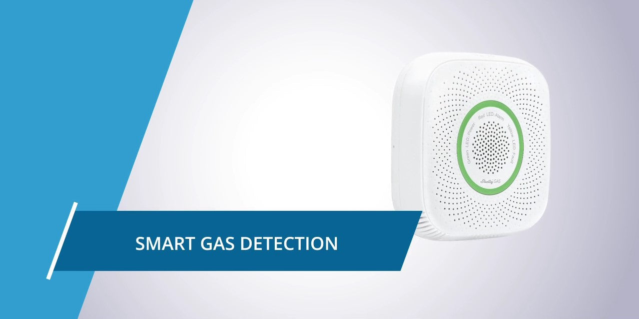 A white smart gas detector with a circular green accent is mounted on a light gradient background. The text SMART GAS DETECTION appears on a blue banner across the left side of the image.