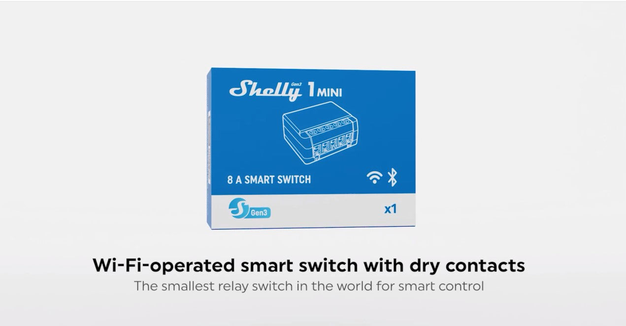 A blue box labeled Shelly 1 Mini with a line drawing of a smart switch, text reading 8 A Smart Switch, and Wi-Fi and Bluetooth icons. Below, it says, Wi-Fi-operated smart switch with dry contacts.