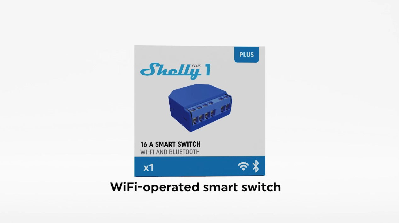 A product box for the Shelly Plus 1 smart switch, featuring a blue device image and text indicating it is a WiFi- and Bluetooth-enabled 16A smart switch. Text below reads: WiFi-operated smart switch.