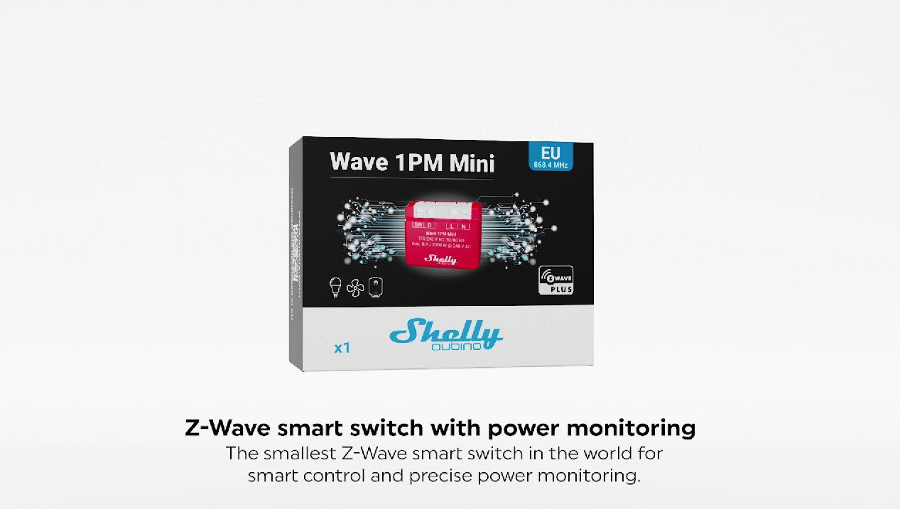 A box of the Shelly Wave 1PM Mini Z-Wave smart switch with power monitoring, labeled as the smallest Z-Wave smart switch for control and precise power monitoring. The box features product details and branding.