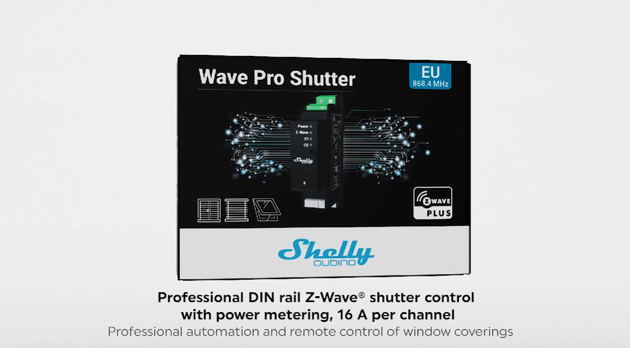Product box for Shelly Wave Pro Shutter, a DIN rail Z-Wave shutter control device with power metering (16A per channel). The packaging highlights its EU 868.4 MHz compatibility and remote window automation features.