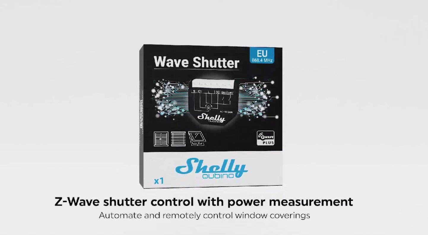 A Shelly Qubino Wave Shutter device box, labeled for EU with Z-Wave shutter control and power measurement, used to automate and remotely control window coverings. Text below describes its features.
