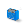 A small blue Shelly 1 Mini Gen4 smart relay with five screw terminals on top, labeled SW, O, I, L, N, and technical specifications printed on the front. Wireless signal icon is shown on the right.