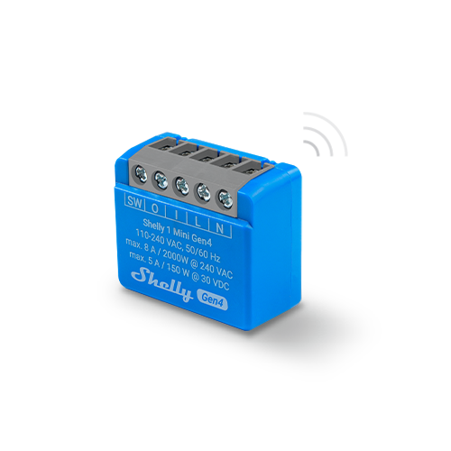 A small blue Shelly 1 Mini Gen4 smart relay with five screw terminals on top, labeled SW, O, I, L, N, and technical specifications printed on the front. Wireless signal icon is shown on the right.