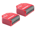 Two red, rectangular Shelly 1PM Gen4 smart relay modules (2-pack) with terminal screw connectors and white printed labeling for energy automation, shown isolated on a plain white background.