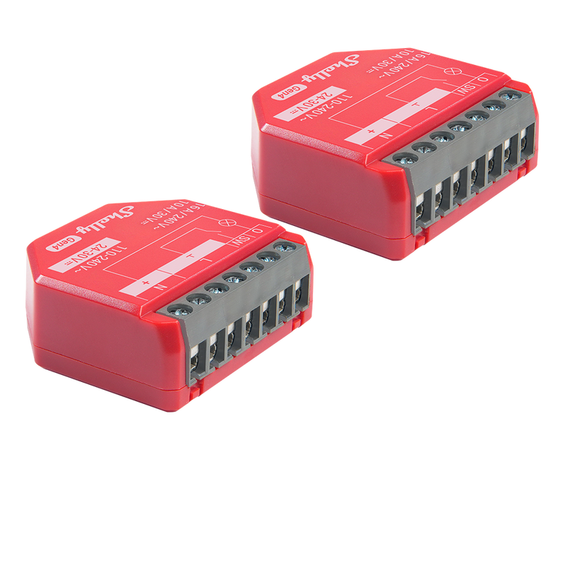 Two red, rectangular Shelly 1PM Gen4 smart relay modules (2-pack) with terminal screw connectors and white printed labeling for energy automation, shown isolated on a plain white background.