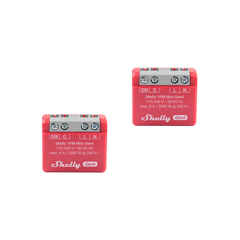 Two Shelly USA Shelly 1PM Mini Gen4 smart relays (2-pack) are shown on a white background, featuring electrical specs and wiring labels to highlight their Wi-Fi automation and power metering functions.