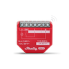 A red Shelly Gen 4 smart relay device with labeled terminal connections and voltage ratings, designed for home automation, displayed against a light gray background.