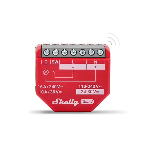 A red Shelly Gen 4 smart relay device with labeled terminal connections and voltage ratings, designed for home automation, displayed against a light gray background.