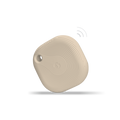 A beige, square-shaped Bluetooth tracker with rounded edges and a small hole in one corner, floating above a shadow with illustrated signal lines, on a plain light background.