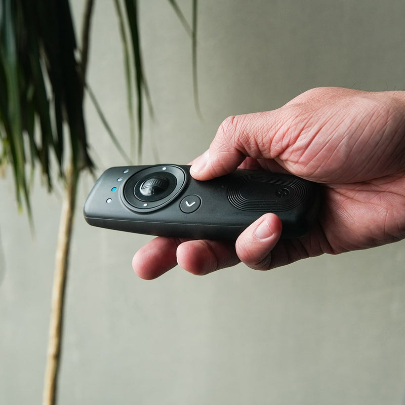 A hand holds the Shelly BLU Remote Control ZB Black by Shelly USA, featuring multiple buttons and a circular directional pad. A leafy plant and a neutral wall are seen in the background.