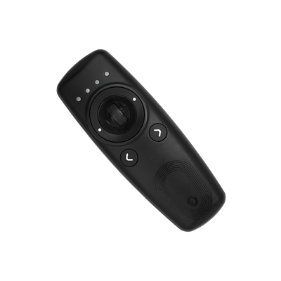 The Shelly USA Shelly BLU Remote Control ZB Black is a black wireless presentation remote with a central joystick, two arrow buttons, LED indicators, and a textured grip, shown on a plain white background.