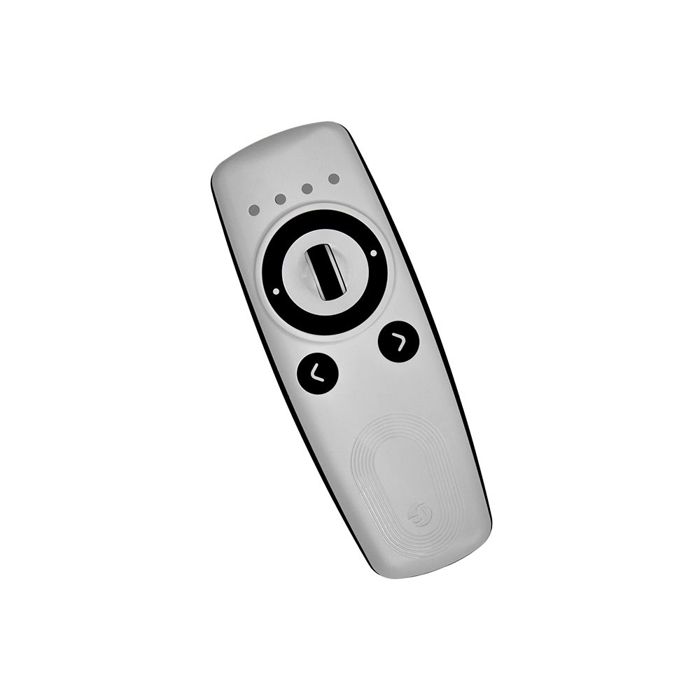 The Shelly BLU Remote Control ZB White by Shelly USA is a white handheld remote with a central circular dial, four indicator lights at the top, and left/right arrow buttons below the dial.