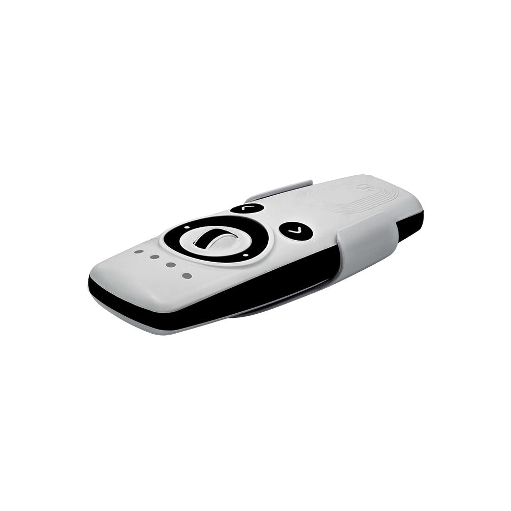 The Shelly BLU Remote Control ZB White by Shelly USA is a modern, white and black handheld device with several buttons—including a large circular one and directional arrows—shown on a white background.