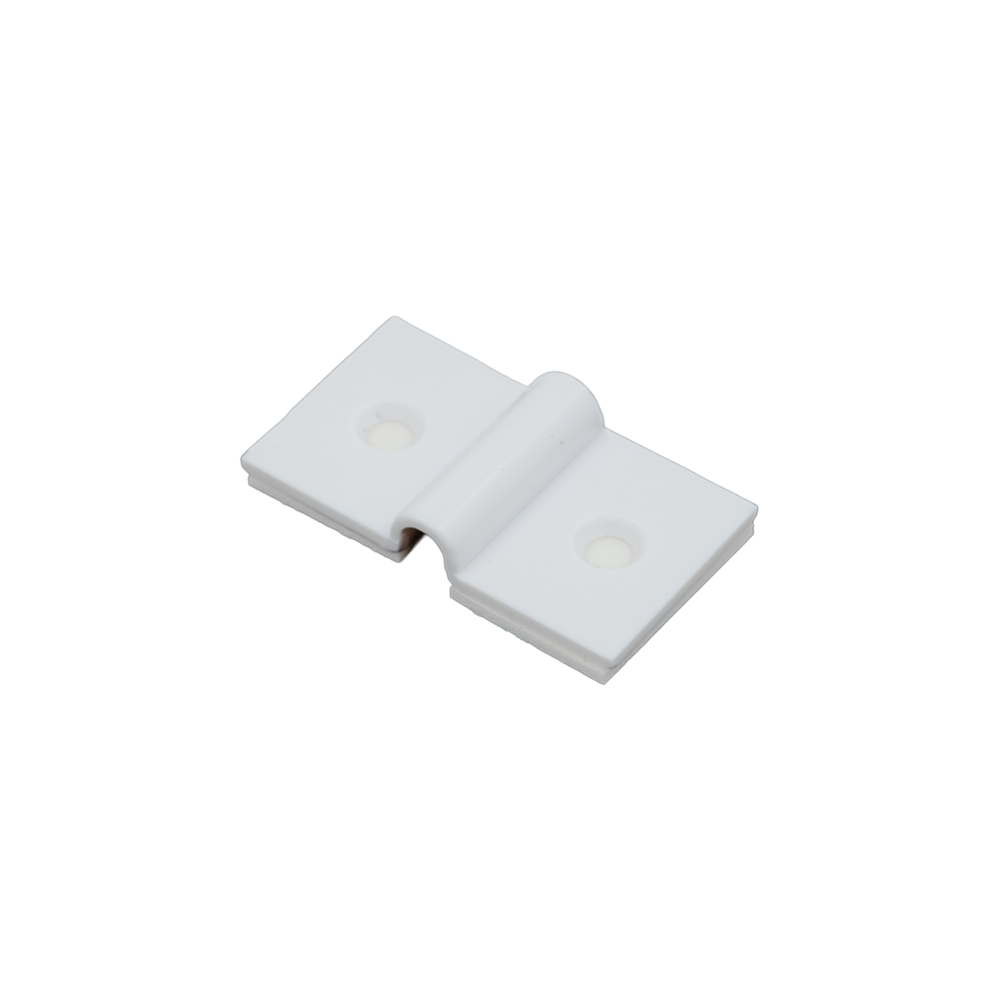 The Shelly Europe Shelly Cable Bracket 10-pack includes small white metal brackets with four mounting holes, two per side, ideal for flat surfaces. The product is shown on a plain white background.