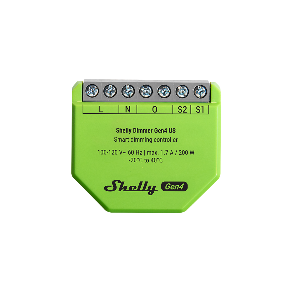 A green Shelly USA Shelly Dimmer Gen4 smart dimming controller featuring labeled connection terminals and technical specs printed on the front.