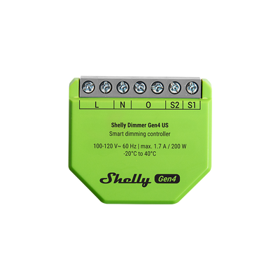 A green Shelly USA Shelly Dimmer Gen4 smart dimming controller featuring labeled connection terminals and technical specs printed on the front.