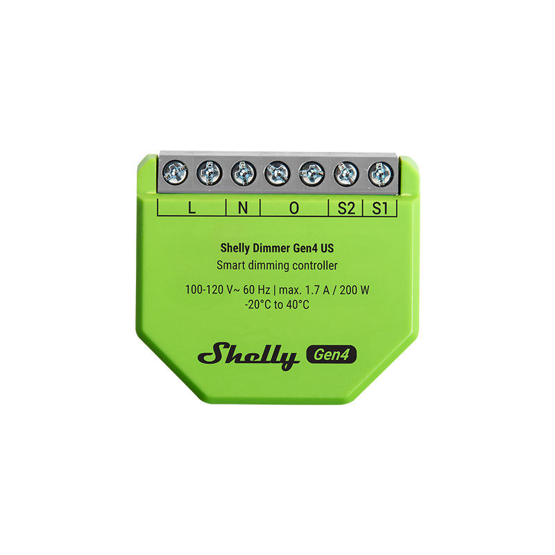 A green Shelly USA Shelly Dimmer Gen4 smart dimming controller featuring labeled connection terminals and technical specs printed on the front.