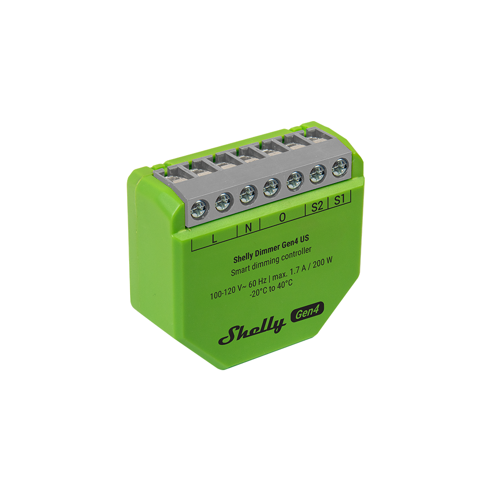 A green Shelly USA Shelly Dimmer Gen4 smart dimming controller with labeled terminal connectors for wiring and product specifications printed on the front.
