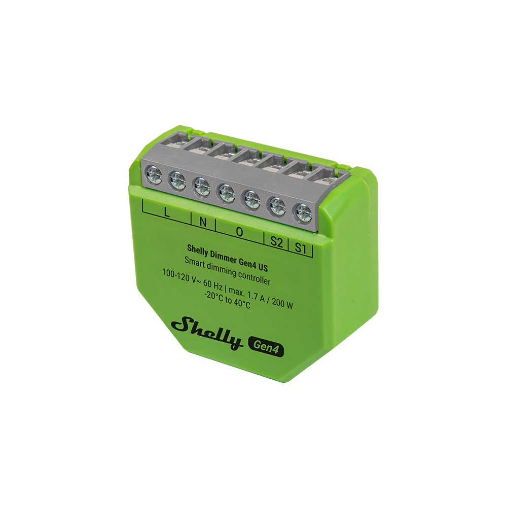 A green Shelly USA Shelly Dimmer Gen4 smart dimming controller featuring labeled screw terminals on top and technical specifications printed on the front.