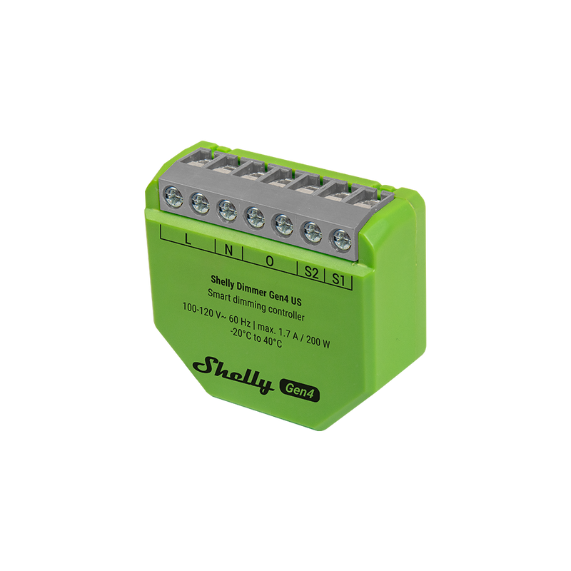A green Shelly USA Shelly Dimmer Gen4 smart dimming controller featuring labeled screw terminals on top and technical specifications printed on the front.