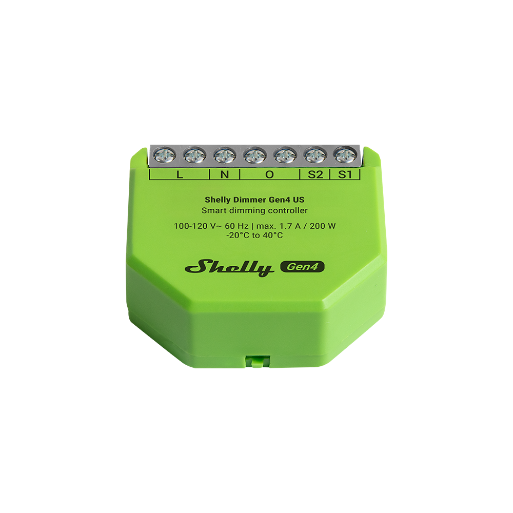A compact, green Shelly USA Dimmer Gen4 smart controller featuring labeled terminals (L, N, O, I, S2, S1) and technical specs printed on the front.