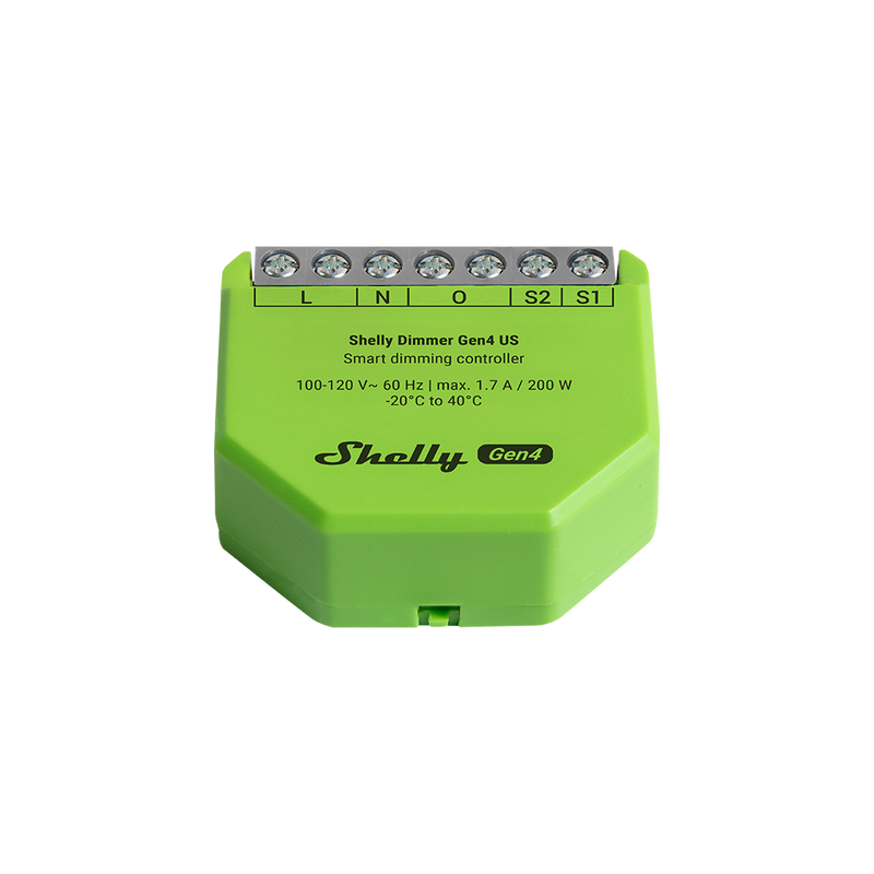 A compact, green Shelly USA Dimmer Gen4 smart controller featuring labeled terminals (L, N, O, I, S2, S1) and technical specs printed on the front.