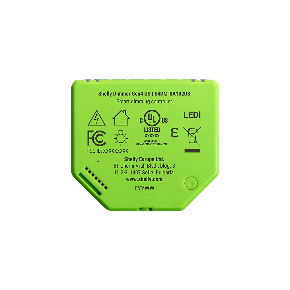 A green Shelly USA Shelly Dimmer Gen4 smart dimming controller with certification symbols, technical specs, and manufacturer info printed on the front.