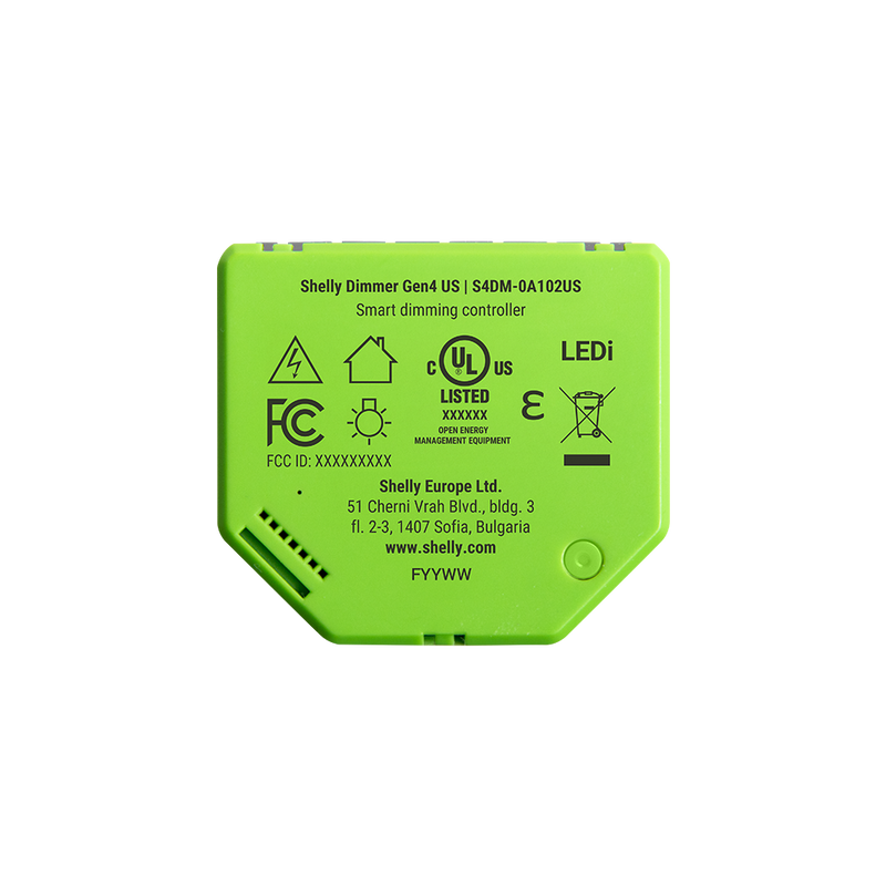 A green Shelly USA Shelly Dimmer Gen4 smart dimming controller with certification symbols, technical specs, and manufacturer info printed on the front.