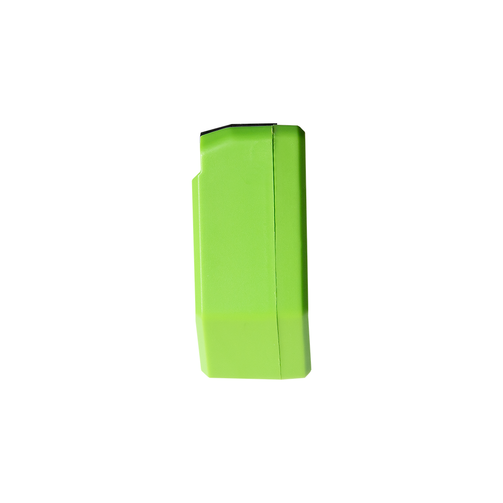 A bright green rectangular Shelly USA Shelly Dimmer Gen4, made of plastic, shown from the side against a plain white background.
