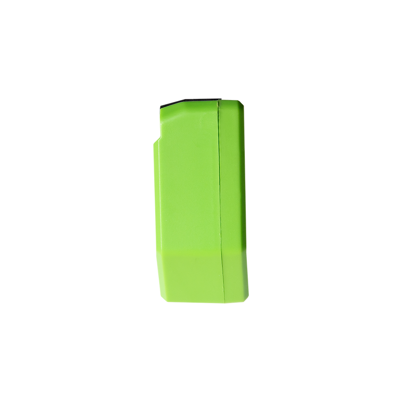 A bright green rectangular Shelly USA Shelly Dimmer Gen4, made of plastic, shown from the side against a plain white background.