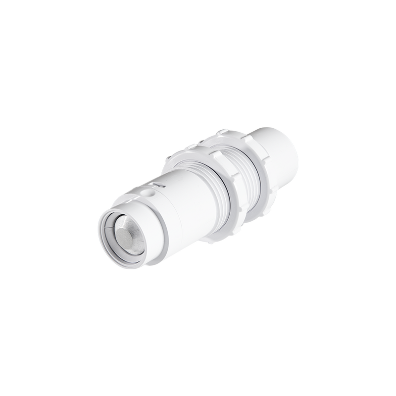 The Shelly BLU Distance by Shelly USA, a white cylindrical device with ridges and circular sections resembling a connector or coupling, is displayed against a plain light background.