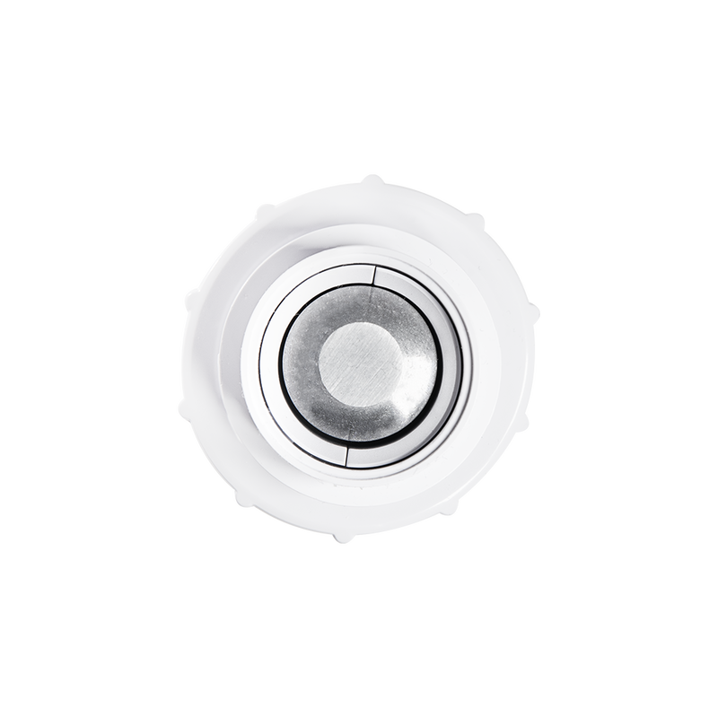 A close-up, top-down view of the Shelly USA Shelly BLU Distance—a round metallic button housed in white casing—set against a plain white background.