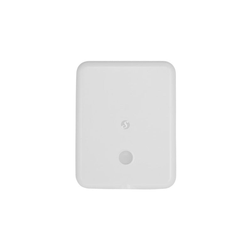 The Shelly Flood Gen4 is a compact, rectangular white water leak sensor with rounded edges, featuring a circular button near the bottom center and a small logo above it. It is displayed against a plain white background.