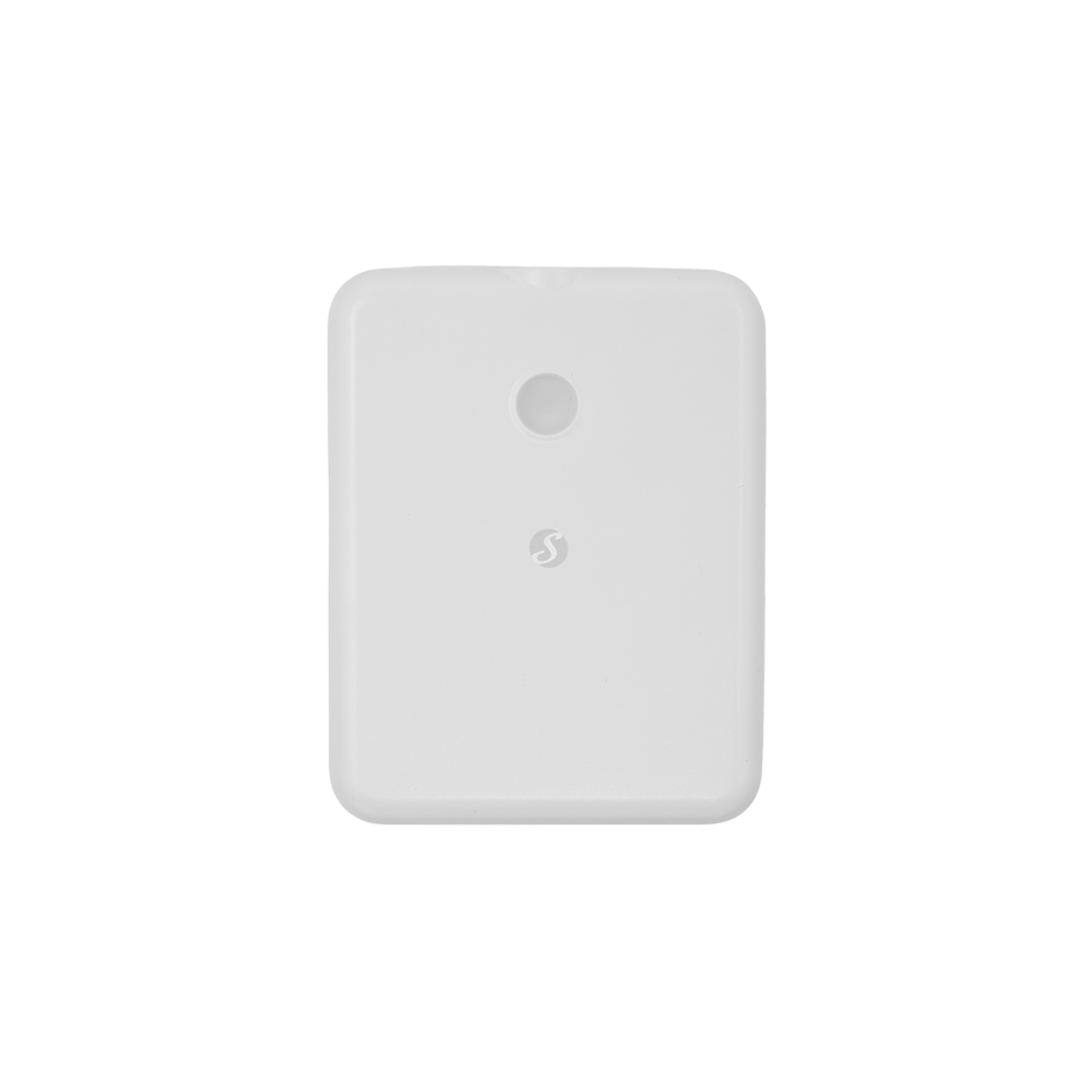 A small, rectangular, white electronic device with rounded corners, featuring a single circular button or sensor and a subtle logo in the center. The background is plain white.