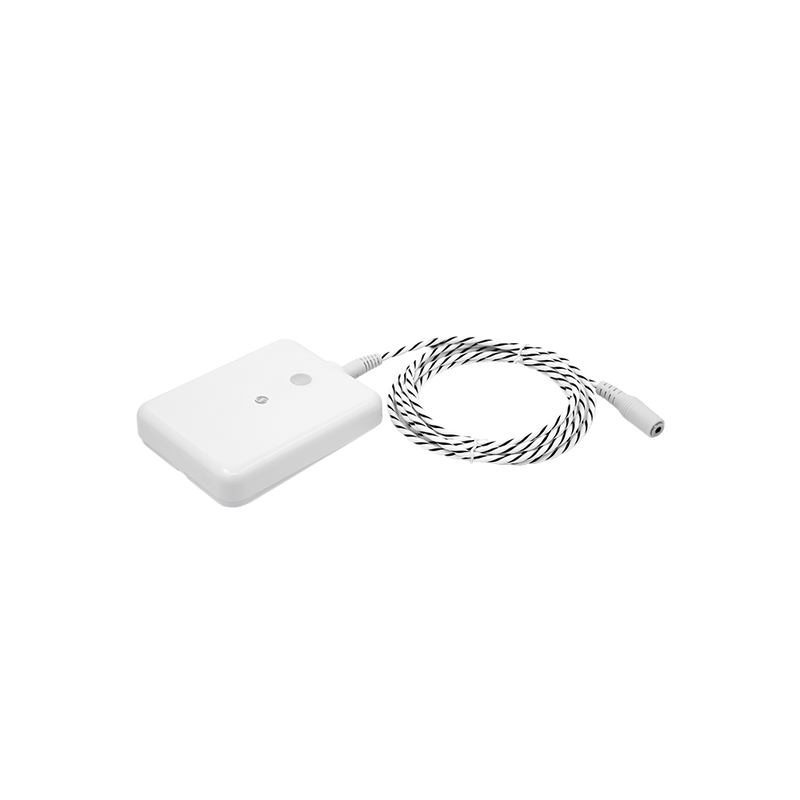 The Shelly Flood Gen4 is a compact white smart leak detector featuring two buttons and a long, black-and-white braided cable with a connector, shown on a plain white background.