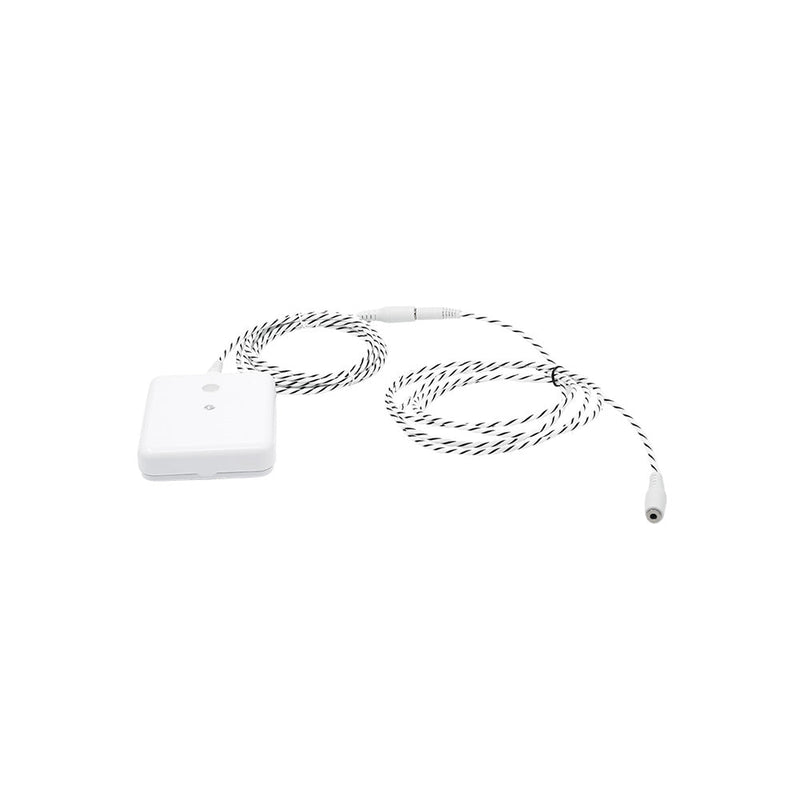 The Shelly Flood Gen4, a compact white smart leak detector with a single button and a long black-and-white braided cable ending in a 3.5mm audio jack, is shown on a white background.