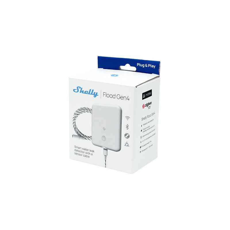 A white retail box for Shelly Flood Gen4, a smart water leak sensor with sensor cable, displays product images, specs, and branding on its packaging.