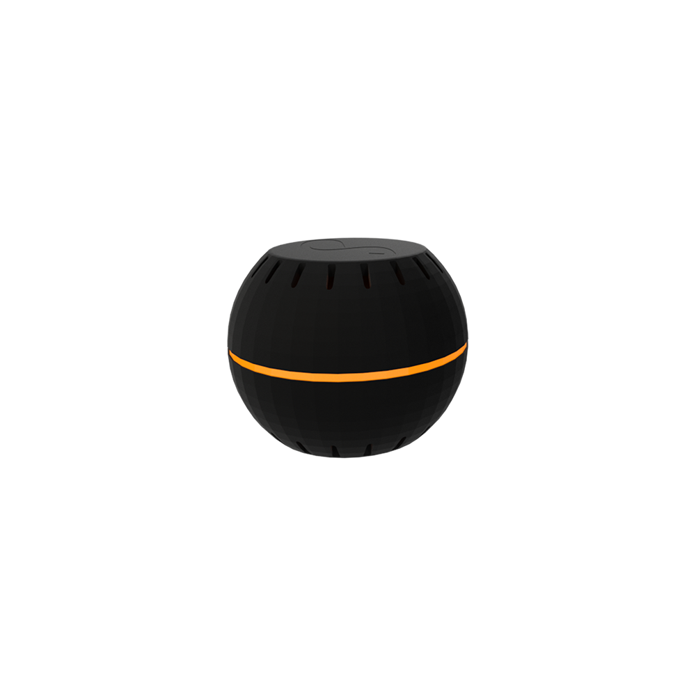 The Shelly USA Shelly H&T Black, a compact spherical black wireless device with an orange ring, sits on a white background and doubles as a Wi-Fi-operated home humidity monitor and temperature sensor.